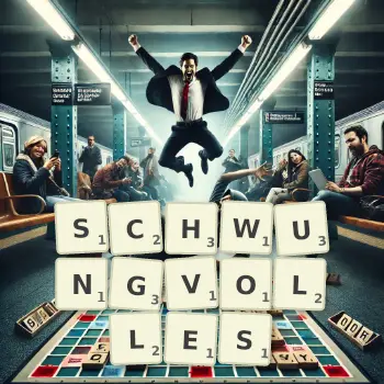 Kreative Illustration für ein Scrabble-Spiel, bei dem das Wort SCHWUNGVOLLES mit Steinen auf dem Brett gelegt wurde.