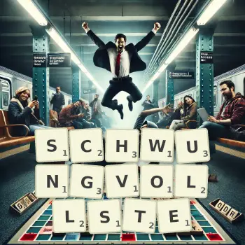 Kreative Illustration für ein Scrabble-Spiel, bei dem das Wort SCHWUNGVOLLSTE mit Steinen auf dem Brett gelegt wurde.