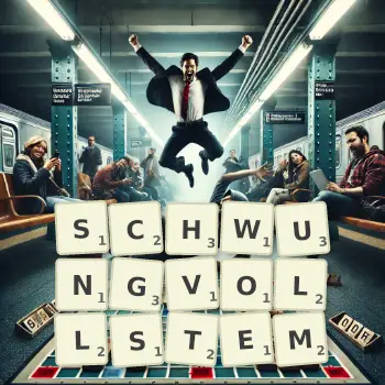 Kreative Illustration für ein Scrabble-Spiel, bei dem das Wort SCHWUNGVOLLSTEM mit Steinen auf dem Brett gelegt wurde.