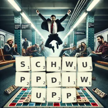 Kreative Illustration für ein Scrabble-Spiel, bei dem das Wort SCHWUPPDIWUPP mit Steinen auf dem Brett gelegt wurde.