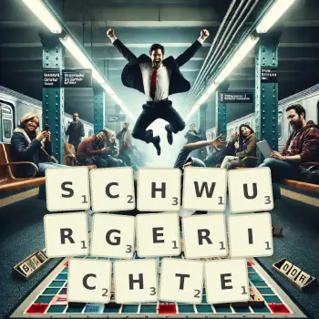 Kreative Illustration für ein Scrabble-Spiel, bei dem das Wort SCHWURGERICHTE mit Steinen auf dem Brett gelegt wurde.
