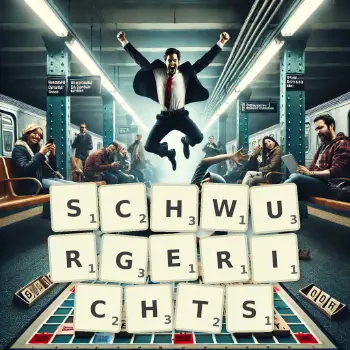 Kreative Illustration für ein Scrabble-Spiel, bei dem das Wort SCHWURGERICHTS mit Steinen auf dem Brett gelegt wurde.