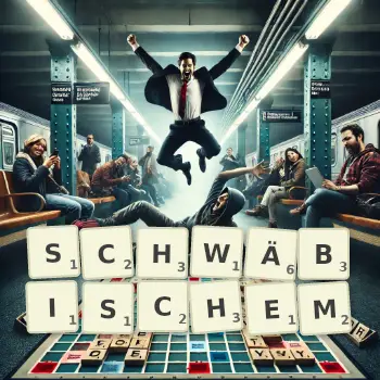 Kreative Illustration für ein Scrabble-Spiel, bei dem das Wort SCHWÄBISCHEM mit Steinen auf dem Brett gelegt wurde.