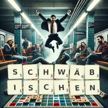 Kreative Illustration für ein Scrabble-Spiel, bei dem das Wort SCHWÄBISCHEN mit Steinen auf dem Brett gelegt wurde.