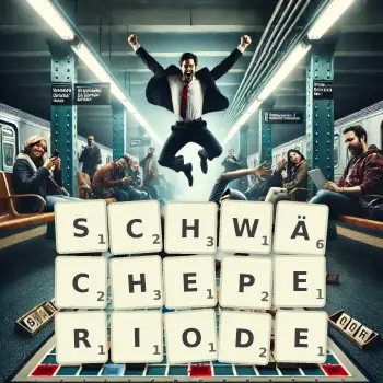 Kreative Illustration für ein Scrabble-Spiel, bei dem das Wort SCHWÄCHEPERIODE mit Steinen auf dem Brett gelegt wurde.