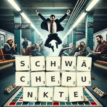 Kreative Illustration für ein Scrabble-Spiel, bei dem das Wort SCHWÄCHEPUNKTE mit Steinen auf dem Brett gelegt wurde.