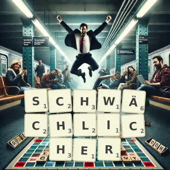 Kreative Illustration für ein Scrabble-Spiel, bei dem das Wort SCHWÄCHLICHER mit Steinen auf dem Brett gelegt wurde.