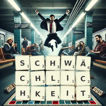 Kreative Illustration für ein Scrabble-Spiel, bei dem das Wort SCHWÄCHLICHKEIT mit Steinen auf dem Brett gelegt wurde.