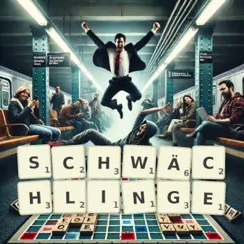 Kreative Illustration für ein Scrabble-Spiel, bei dem das Wort SCHWÄCHLINGE mit Steinen auf dem Brett gelegt wurde.