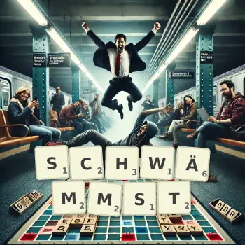 Kreative Illustration für ein Scrabble-Spiel, bei dem das Wort SCHWÄMMST mit Steinen auf dem Brett gelegt wurde.