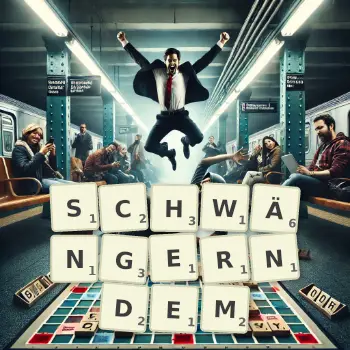 Kreative Illustration für ein Scrabble-Spiel, bei dem das Wort SCHWÄNGERNDEM mit Steinen auf dem Brett gelegt wurde.