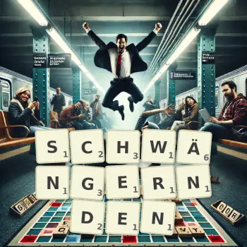 Kreative Illustration für ein Scrabble-Spiel, bei dem das Wort SCHWÄNGERNDEN mit Steinen auf dem Brett gelegt wurde.