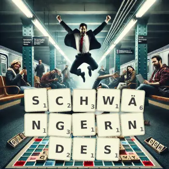 Kreative Illustration für ein Scrabble-Spiel, bei dem das Wort SCHWÄNGERNDES mit Steinen auf dem Brett gelegt wurde.