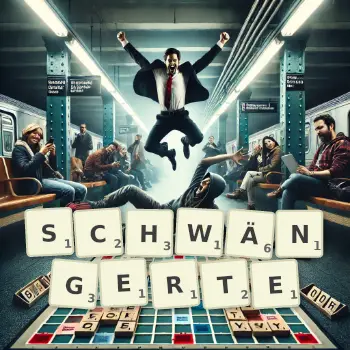 Kreative Illustration für ein Scrabble-Spiel, bei dem das Wort SCHWÄNGERTE mit Steinen auf dem Brett gelegt wurde.