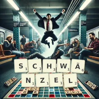 Kreative Illustration für ein Scrabble-Spiel, bei dem das Wort SCHWÄNZEL mit Steinen auf dem Brett gelegt wurde.