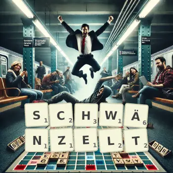 Kreative Illustration für ein Scrabble-Spiel, bei dem das Wort SCHWÄNZELT mit Steinen auf dem Brett gelegt wurde.