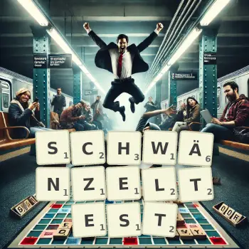 Kreative Illustration für ein Scrabble-Spiel, bei dem das Wort SCHWÄNZELTEST mit Steinen auf dem Brett gelegt wurde.
