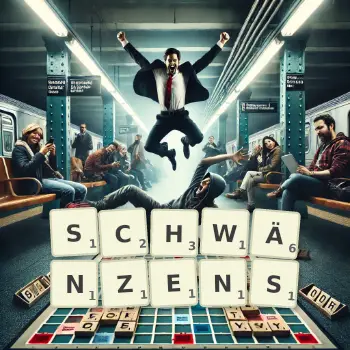 Kreative Illustration für ein Scrabble-Spiel, bei dem das Wort SCHWÄNZENS mit Steinen auf dem Brett gelegt wurde.