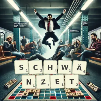 Kreative Illustration für ein Scrabble-Spiel, bei dem das Wort SCHWÄNZET mit Steinen auf dem Brett gelegt wurde.