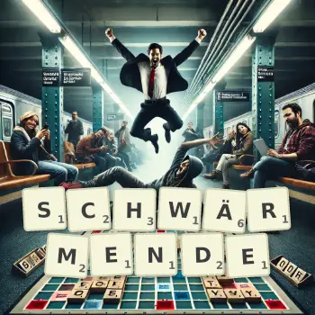 Kreative Illustration für ein Scrabble-Spiel, bei dem das Wort SCHWÄRMENDE mit Steinen auf dem Brett gelegt wurde.