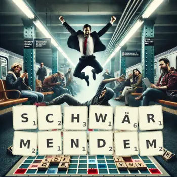 Kreative Illustration für ein Scrabble-Spiel, bei dem das Wort SCHWÄRMENDEM mit Steinen auf dem Brett gelegt wurde.