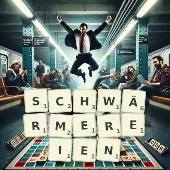 Kreative Illustration für ein Scrabble-Spiel, bei dem das Wort SCHWÄRMEREIEN mit Steinen auf dem Brett gelegt wurde.