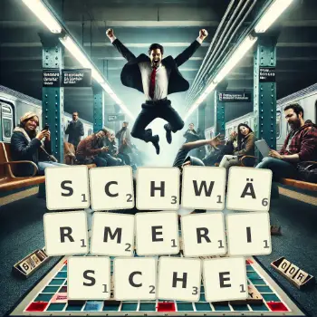 Kreative Illustration für ein Scrabble-Spiel, bei dem das Wort SCHWÄRMERISCHE mit Steinen auf dem Brett gelegt wurde.