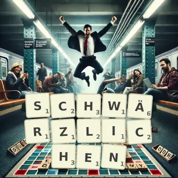Kreative Illustration für ein Scrabble-Spiel, bei dem das Wort SCHWÄRZLICHEN mit Steinen auf dem Brett gelegt wurde.