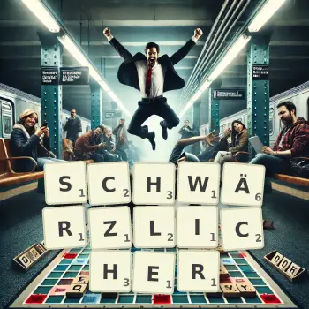 Kreative Illustration für ein Scrabble-Spiel, bei dem das Wort SCHWÄRZLICHER mit Steinen auf dem Brett gelegt wurde.