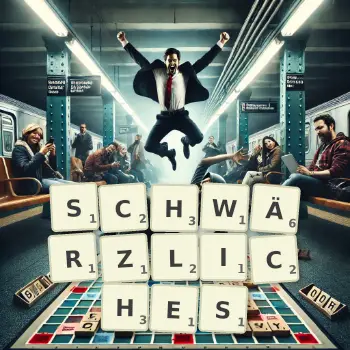 Kreative Illustration für ein Scrabble-Spiel, bei dem das Wort SCHWÄRZLICHES mit Steinen auf dem Brett gelegt wurde.