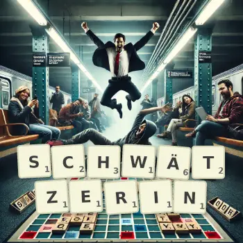Kreative Illustration für ein Scrabble-Spiel, bei dem das Wort SCHWÄTZERIN mit Steinen auf dem Brett gelegt wurde.