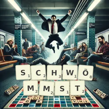 Kreative Illustration für ein Scrabble-Spiel, bei dem das Wort SCHWÖMMST mit Steinen auf dem Brett gelegt wurde.