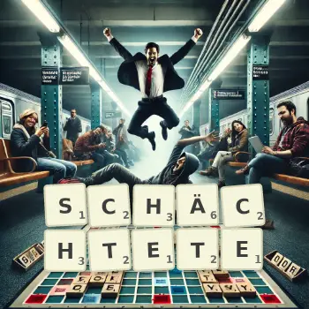 Kreative Illustration für ein Scrabble-Spiel, bei dem das Wort SCHÄCHTETE mit Steinen auf dem Brett gelegt wurde.