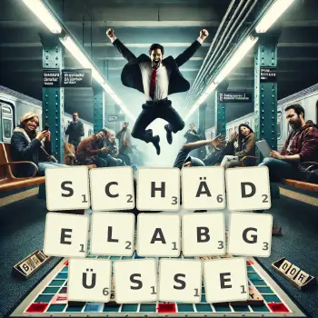 Kreative Illustration für ein Scrabble-Spiel, bei dem das Wort SCHÄDELABGÜSSE mit Steinen auf dem Brett gelegt wurde.