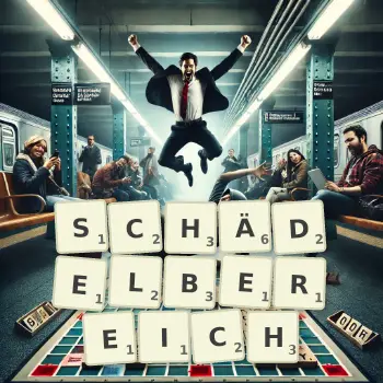 Kreative Illustration für ein Scrabble-Spiel, bei dem das Wort SCHÄDELBEREICH mit Steinen auf dem Brett gelegt wurde.