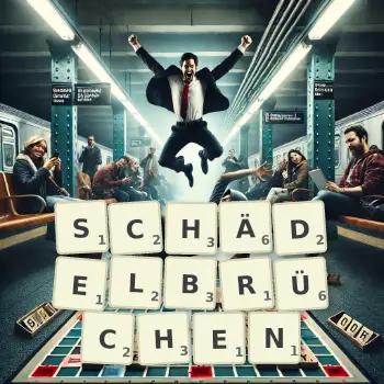 Kreative Illustration für ein Scrabble-Spiel, bei dem das Wort SCHÄDELBRÜCHEN mit Steinen auf dem Brett gelegt wurde.