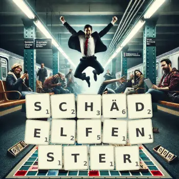 Kreative Illustration für ein Scrabble-Spiel, bei dem das Wort SCHÄDELFENSTER mit Steinen auf dem Brett gelegt wurde.