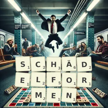 Kreative Illustration für ein Scrabble-Spiel, bei dem das Wort SCHÄDELFORMEN mit Steinen auf dem Brett gelegt wurde.