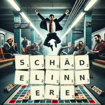 Kreative Illustration für ein Scrabble-Spiel, bei dem das Wort SCHÄDELINNERE mit Steinen auf dem Brett gelegt wurde.