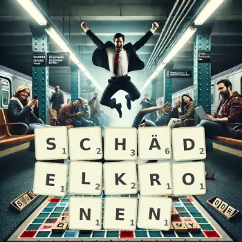 Kreative Illustration für ein Scrabble-Spiel, bei dem das Wort SCHÄDELKRONEN mit Steinen auf dem Brett gelegt wurde.