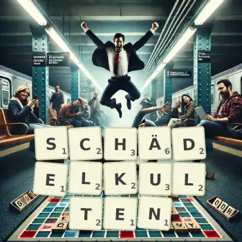Kreative Illustration für ein Scrabble-Spiel, bei dem das Wort SCHÄDELKULTEN mit Steinen auf dem Brett gelegt wurde.