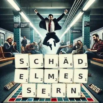 Kreative Illustration für ein Scrabble-Spiel, bei dem das Wort SCHÄDELMESSERN mit Steinen auf dem Brett gelegt wurde.