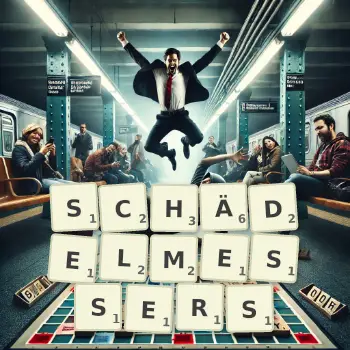 Kreative Illustration für ein Scrabble-Spiel, bei dem das Wort SCHÄDELMESSERS mit Steinen auf dem Brett gelegt wurde.