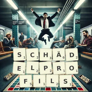 Kreative Illustration für ein Scrabble-Spiel, bei dem das Wort SCHÄDELPROFILS mit Steinen auf dem Brett gelegt wurde.