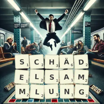 Kreative Illustration für ein Scrabble-Spiel, bei dem das Wort SCHÄDELSAMMLUNG mit Steinen auf dem Brett gelegt wurde.