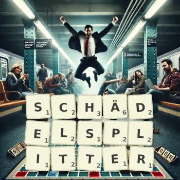 Kreative Illustration für ein Scrabble-Spiel, bei dem das Wort SCHÄDELSPLITTER mit Steinen auf dem Brett gelegt wurde.