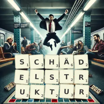 Kreative Illustration für ein Scrabble-Spiel, bei dem das Wort SCHÄDELSTRUKTUR mit Steinen auf dem Brett gelegt wurde.