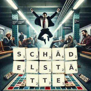 Kreative Illustration für ein Scrabble-Spiel, bei dem das Wort SCHÄDELSTÄTTE mit Steinen auf dem Brett gelegt wurde.