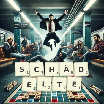 Kreative Illustration für ein Scrabble-Spiel, bei dem das Wort SCHÄDELTE mit Steinen auf dem Brett gelegt wurde.