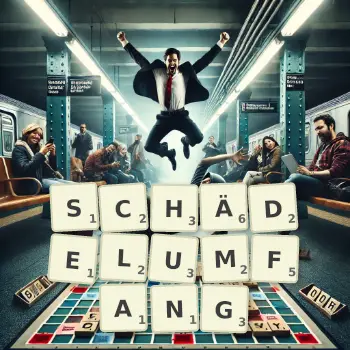 Kreative Illustration für ein Scrabble-Spiel, bei dem das Wort SCHÄDELUMFANG mit Steinen auf dem Brett gelegt wurde.